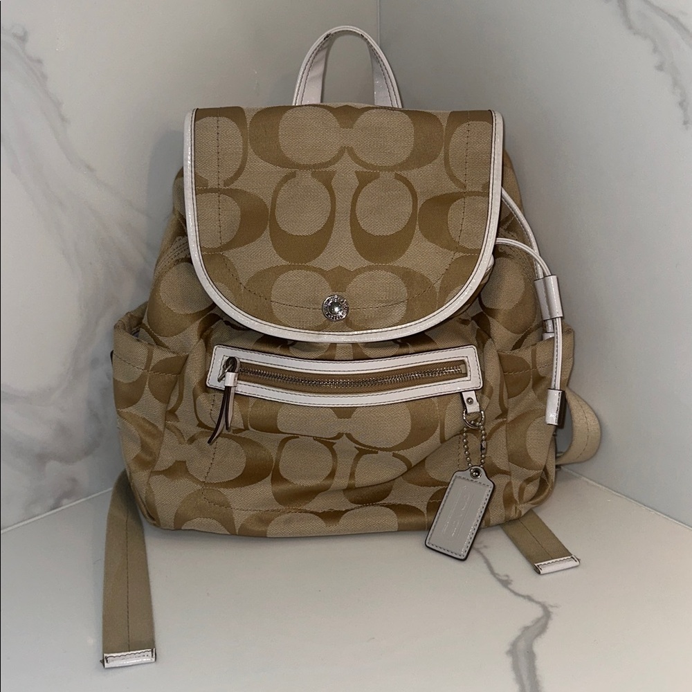 Coach Beige and White Signature Backpack